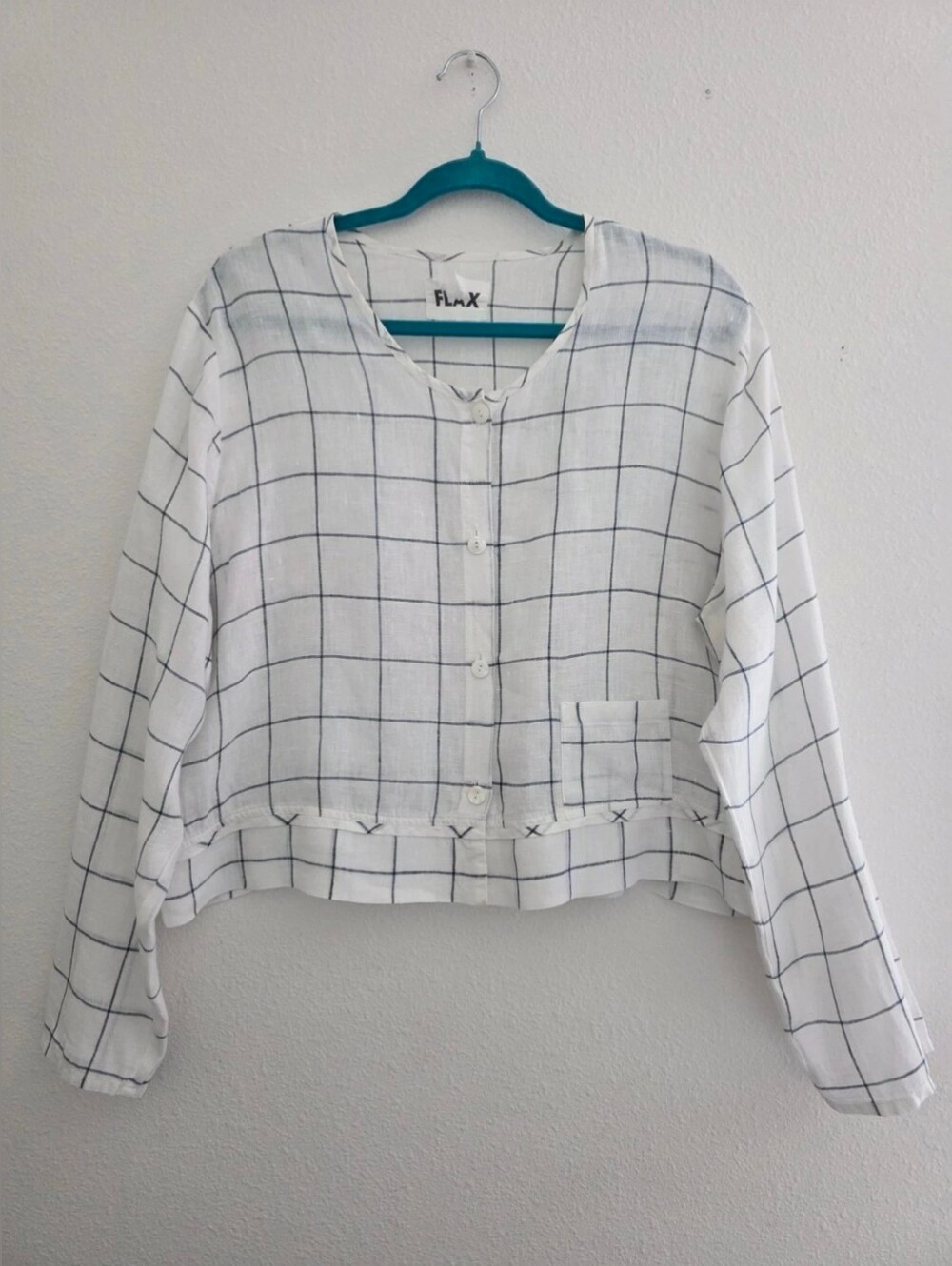 FLAX Women's Button-Up 100% Linen Plaid Shirt Cropped Bust Pit To Pit 23" Sz L ?